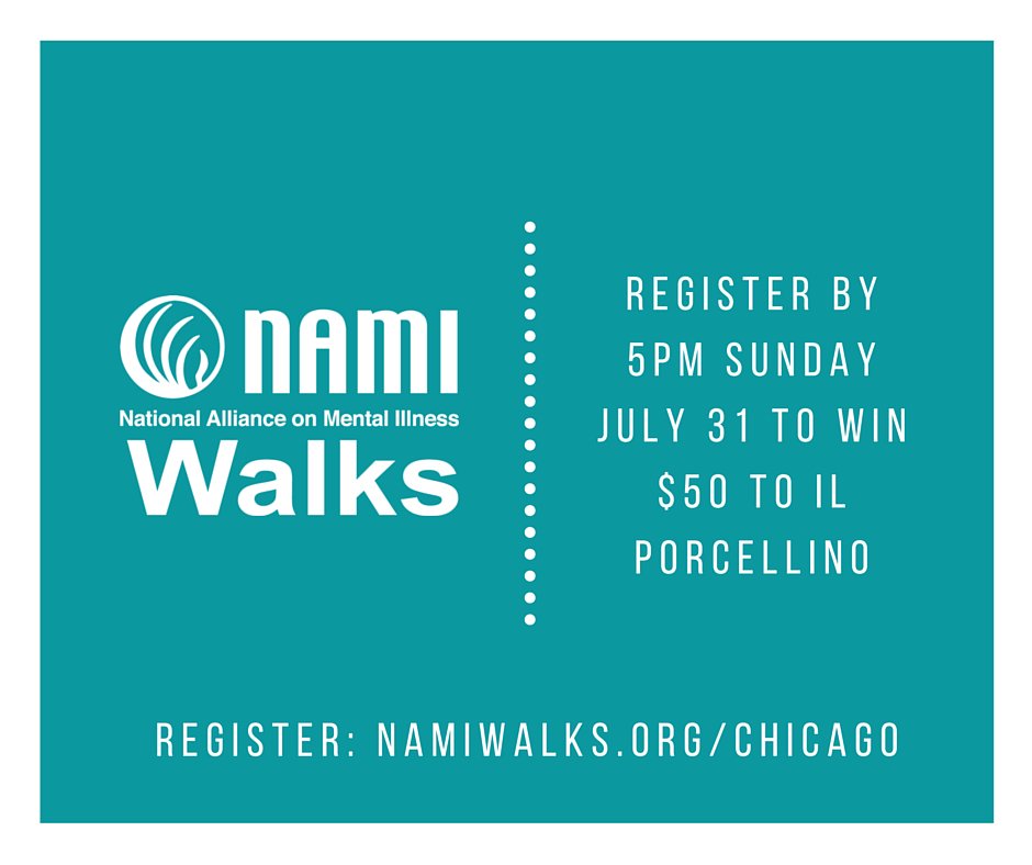 NAMIWalkChicago's tweet photo. Register by 5pm TODAY to win $50 to @ilporcellinochi!! https://t.co/wuQLbTaeJa #NAMIWalksChicago @NAMIChicago https://t.co/17UcVuPH2T