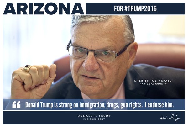 LindaSuhler's tweet photo. Sheriff Joe Endorses Donald Trump #Arizona

#TrumpPence16🇺🇸 #SecureTheBorder #2A #NRA #AmericaFirst #AZ https://t.co/o8g4qYjOdG