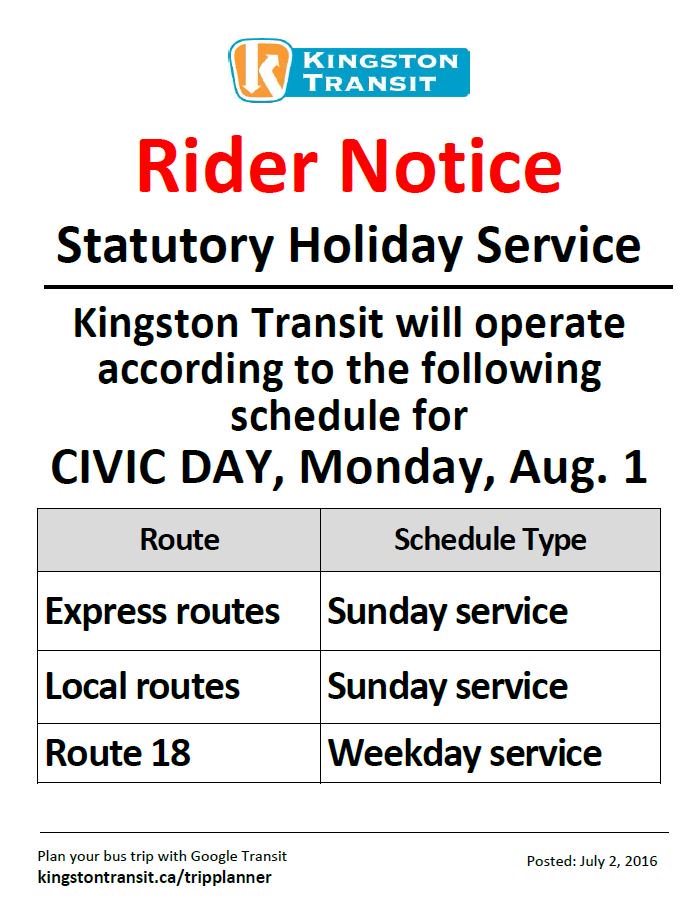 City Of Kingston On Twitter Kingston Transit Rider Notice Civic Holiday Means Some Routes Are On Sunday Schedule Https T Co Azr89nomig Ygk City Of Kingston On Twitter Kingston Transit Rider Notice Civic Holiday Means Some Routes Are On Sunday Schedule Https T Co Azr89nomig Ygk