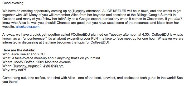 ShaundelK's tweet photo. #CoffeeEDU with @alicekeeler! This Tuesday: #MoAv 4:30pm! Check out a cool local coffee joint & learn from a great! https://t.co/rcarLezIjL