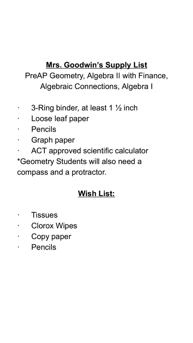 trgoodwin14's tweet photo. Supply list: PreAP Geometry, Algebra II with Finance, Algebra I, and Algebraic Connections @ctate02 https://t.co/CgxVH2HIzg