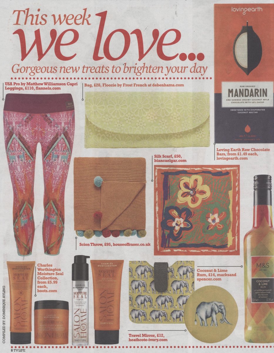 Lovely @biancaelgar coverage in this weekend's @TVLifeMag with thanks to @Dom_Ayling #WeLove #accessories #fashion