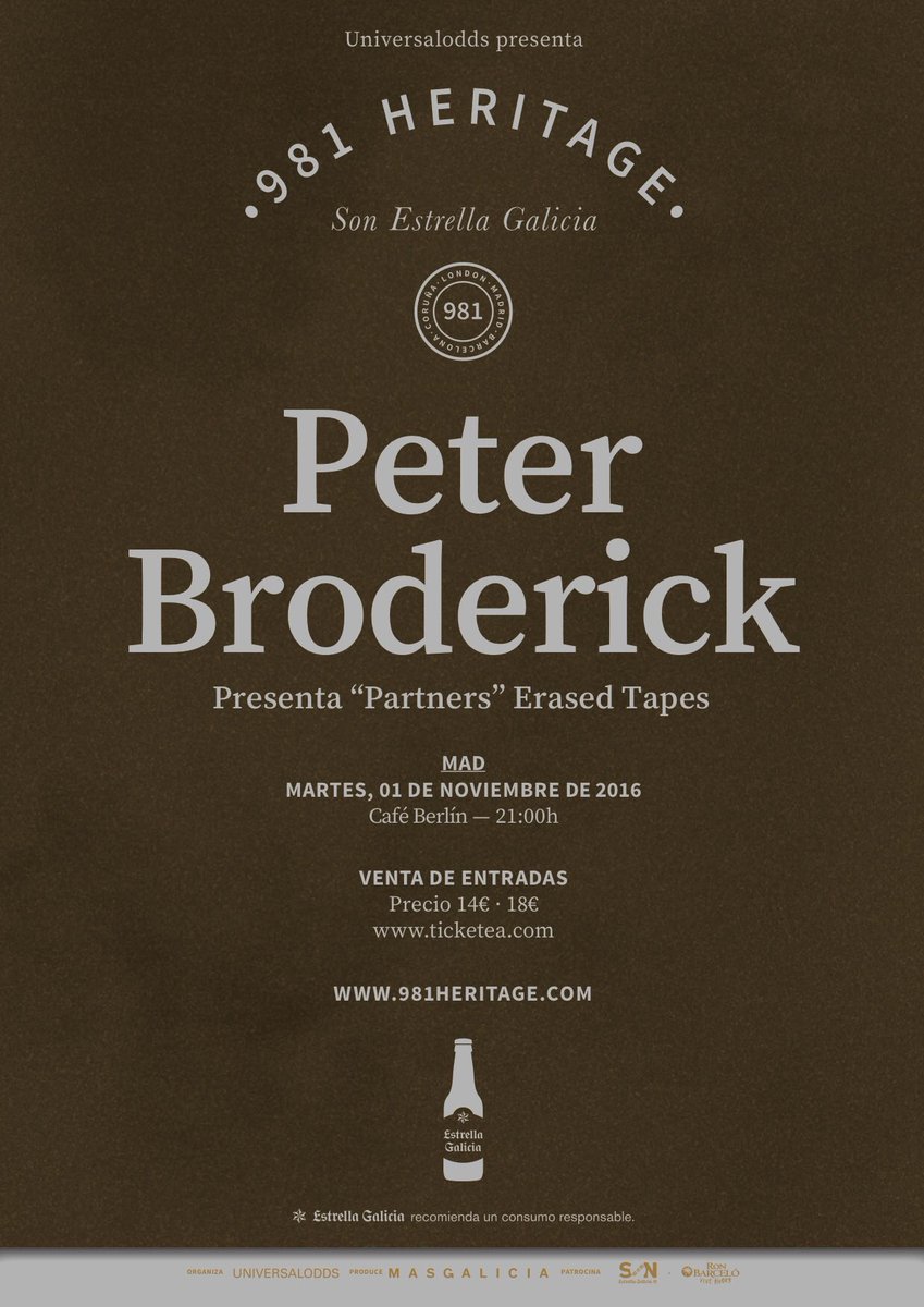 Agotada oferta para Peter Broderick
1 Noviembre <a href="/CafeBerlinMad/">Café Berlín Madrid</a> <a href="/SON_EG/">SON Estrella Galicia</a> <a href="/bornmusic/">Born! Music</a>