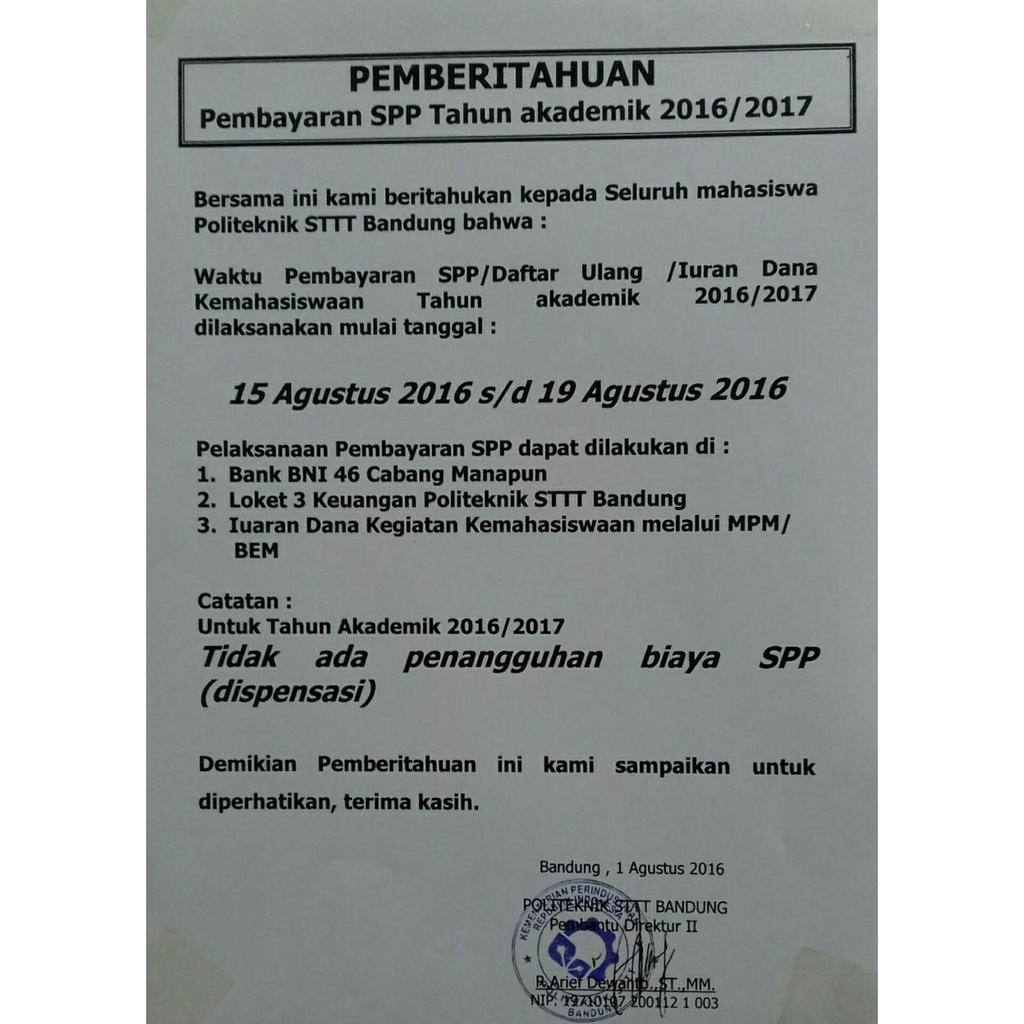 Pembayaran SPP Tahun akademik 2016/2017