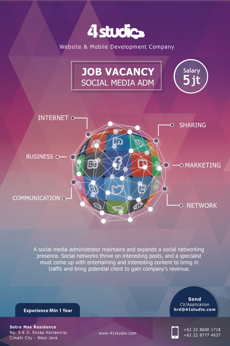 41studio's tweet photo. 41studio Career
We're looking for people who are passionate and experienced in social media #jobsbdg #lokerbdg https://t.co/Q0lOLYRGy6