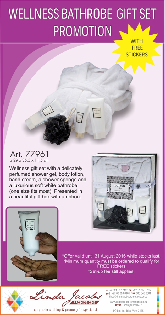 lindajacobspr's tweet photo. Wellness bathrobe gift for #WomensDay #FreeGiftIncluded #CorporateGift linda@lindajacobspromotions.co.za
083 6280181 https://t.co/OyIZmLTQRt