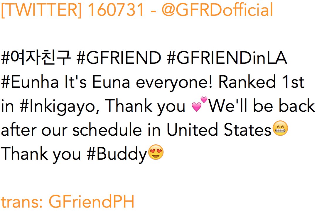 GFriendPH's tweet photo. [TWITTER] 160731 - @GFRDofficial

#여자친구 #GFRIEND #GFRIENDinLA #Eunha It's Euna everyone! 

trans: @GFriendPH https://t.co/oggWY27W4a