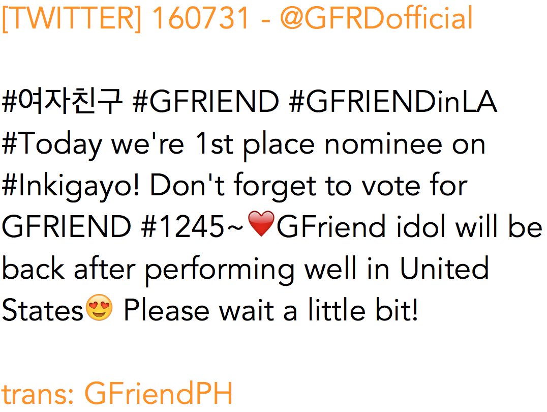GFriendPH's tweet photo. [TWITTER] 160731 - @GFRDofficial

#여자친구 #GFRIEND #GFRIENDinLA #Today 

trans: @GFriendPH https://t.co/emyCJAnCYR