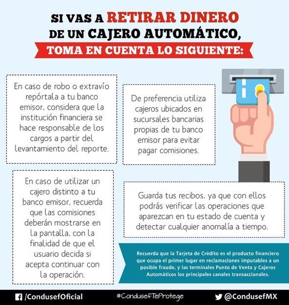 zairafernandezm's tweet photo. Toma en cuenta estas recomendaciones cuando uses cajeros automáticos #vacaciones Vía #CONDUSEFMX #FelizLunes https://t.co/ZkVHLq1eLO