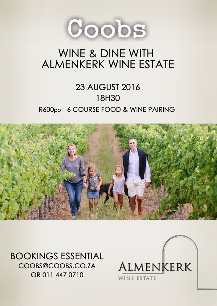 CoobsParkhurst's tweet photo. BOOK NOW for a Wine evening with @Almenkerk on Tues 23 August @ 18:30 Call 011 447 0710 or coobs@coobs.co.za https://t.co/KGs1YAf1VF