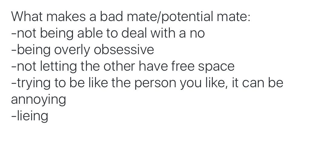 FurBallFur's tweet photo. What makes a good mate and a bad mate/potential mate 
All in my own opinion of course https://t.co/I0qaApNiJv