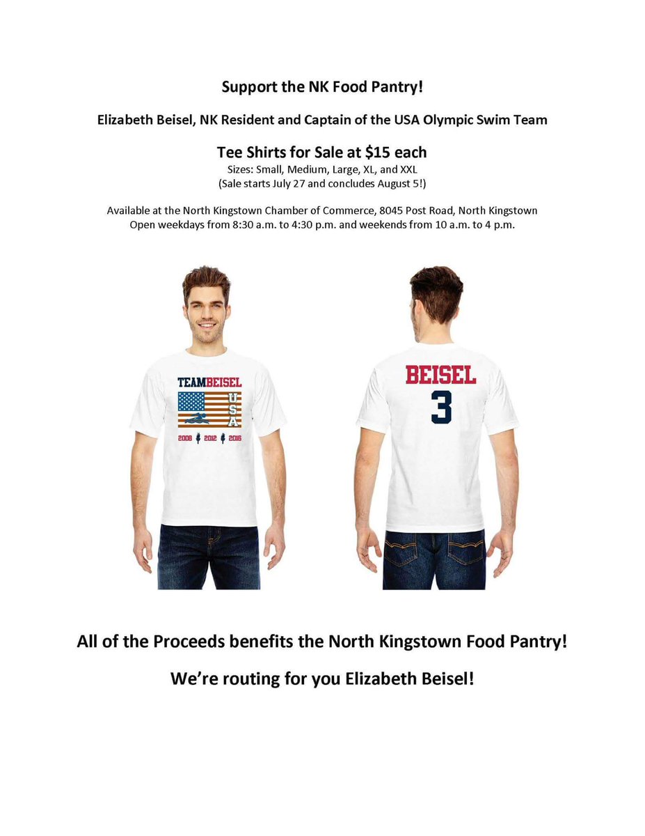 CharitableNK's tweet photo. We're ready! Olympics🏊=Liz Beisel. Get a shirt to support the food pantry. #Olympian #Speedo #Rio2016  @CommerceRI https://t.co/MqziMmHJe9