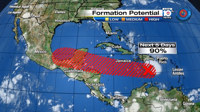 Tropical Storm Earl could for later today. @TrentAricTV says NHC has increased chance to 90% over the next 5 days. https://t.co/zu3G309brh