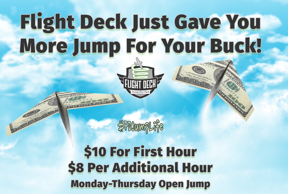 FlightDeckParks's tweet photo. Our price change begins TODAY! ππ½
$10 per 1st hour π΅
and $8 per additional hour π
#fdjumplife https://t.co/4BF2qLwuXK