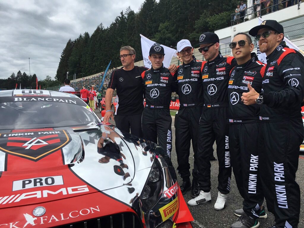lpfancovers's tweet photo. Very cool livery run by @TeamBlackFalcon yesterday, designed by their guests for the weekend #Linkinpark. #Spa24h https://t.co/SDngUn8sWv
