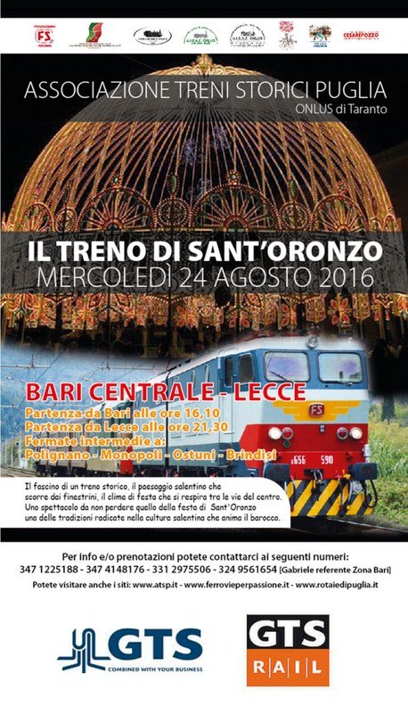 gtsrail's tweet photo. GTS è partner ufficiale de IL TRENO DI SANT'ORONZO!
#gtslogistic #gtsrail #gointermodal #puglia #turismoferroviario https://t.co/Qaf54HiM10