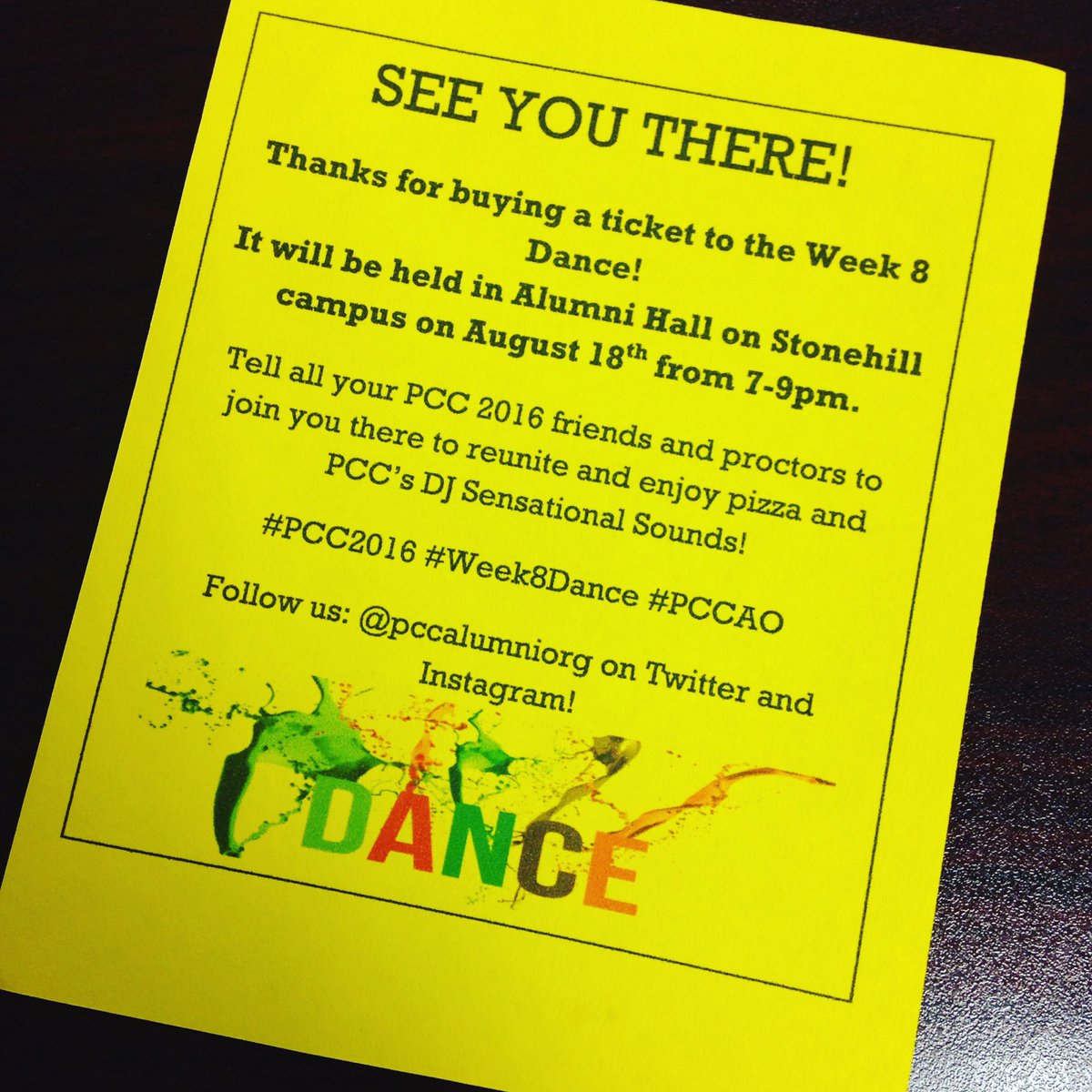 PCCAlumniOrg's tweet photo. Dear @pccasp 2016 students: Tickets will also be sold at the door! Get ready to reunite at the #Week8Dance! 😊🎉🌈 https://t.co/VpbzV9U935