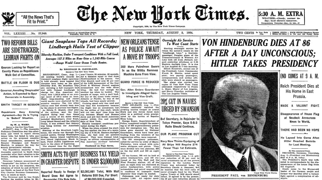 Image result for von Hindenburg dies (newspaper)