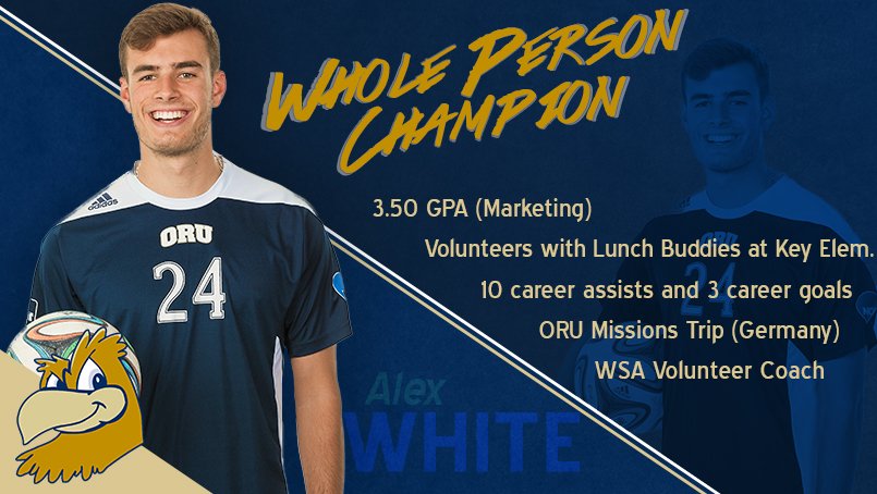 Alex White finished his <a href="/ORUMSoccer/">ORU Men's Soccer</a> career with a 3.50 GPA &amp; exemplified what it means to be a #WholePersonChampion
