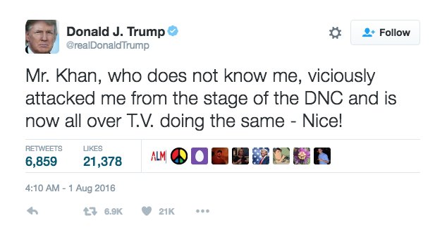 ajplus's tweet photo. Donald Trump can't stop tweeting about his "feud" with the family of fallen U.S. soldier Captain Humayun Khan. https://t.co/7qJ5kLhO9V