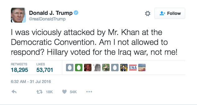 ajplus's tweet photo. Donald Trump can't stop tweeting about his "feud" with the family of fallen U.S. soldier Captain Humayun Khan. https://t.co/7qJ5kLhO9V