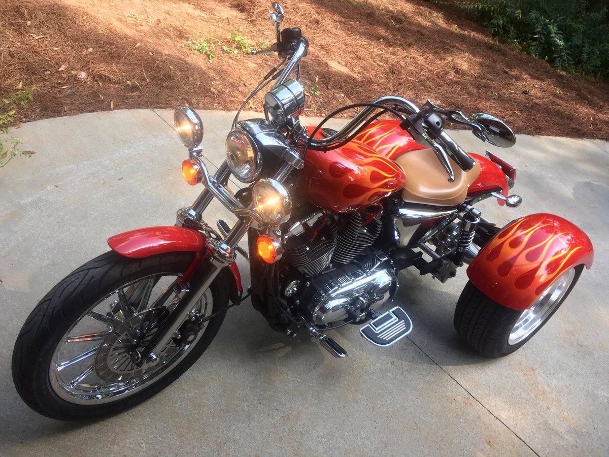 crwarman's tweet photo. For sale: This custom painted Sportster 1200 Frankenstein Trike!  Video and details here: https://t.co/QeLyqRnybG https://t.co/osGdH6EaAH