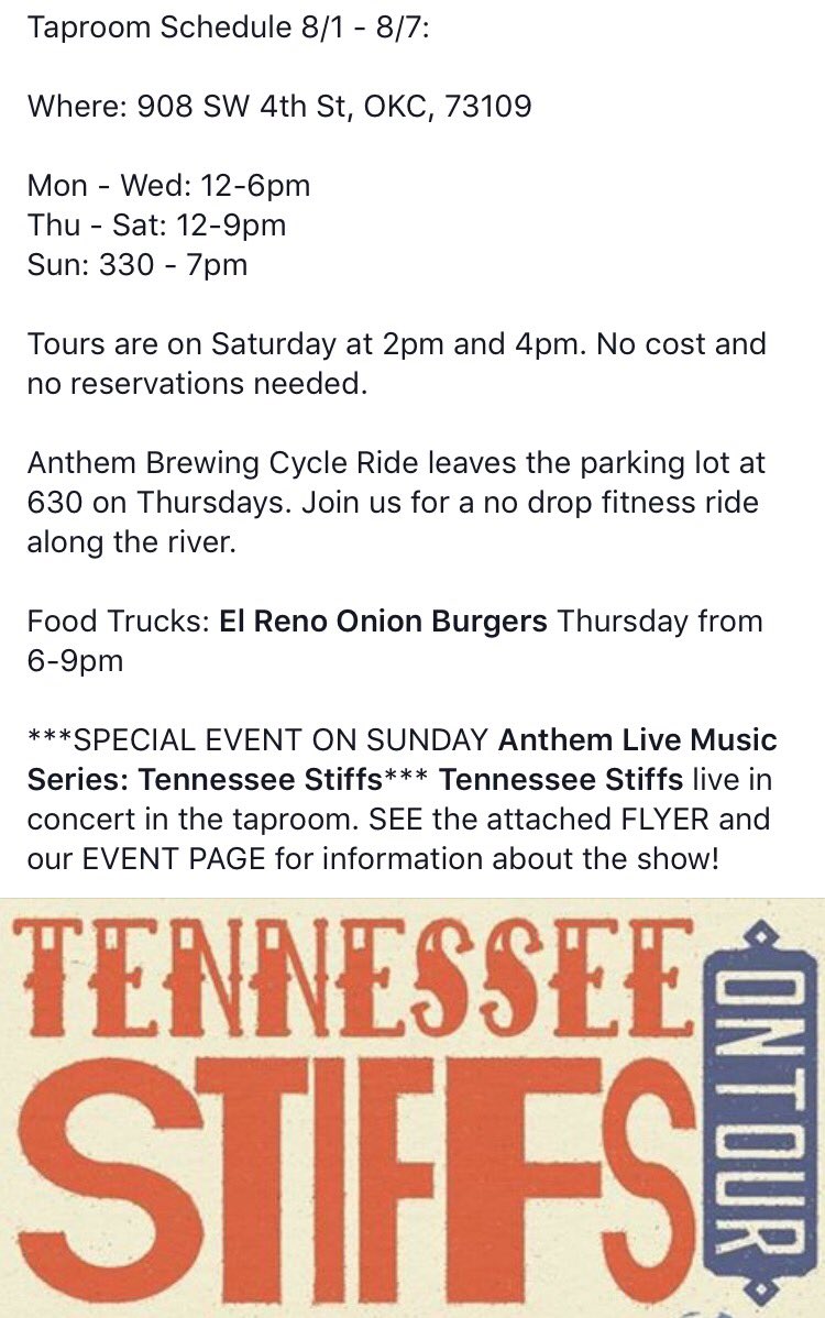 AnthemBrewing's tweet photo. The schedule for the taproom this week. A big big Sunday special @TennesseeStiffs! @theonionburger on Thursday! https://t.co/FbuBCnFN85