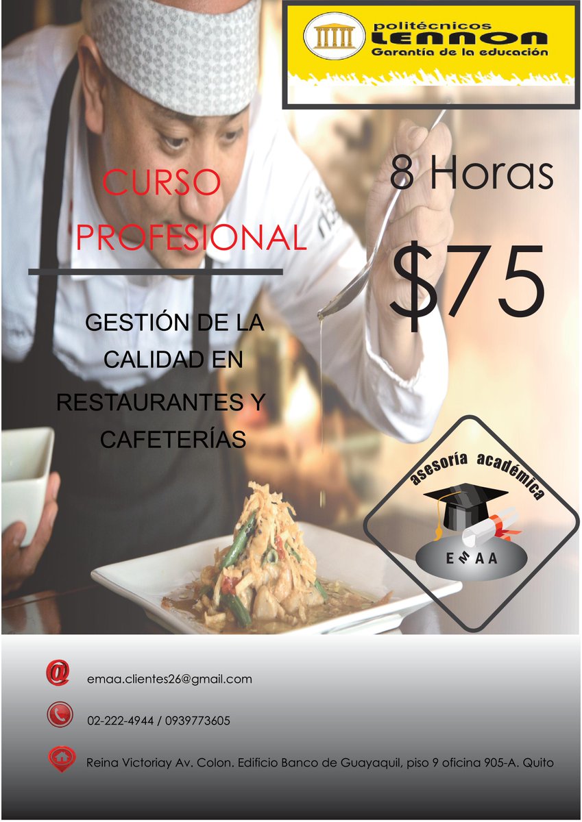 clientes26's tweet image. emaa-clientes.webnode.es
Curso de Gestión de la calidad en Restaurantes y Cafeterías.!!
0939773605 - (02)2224944