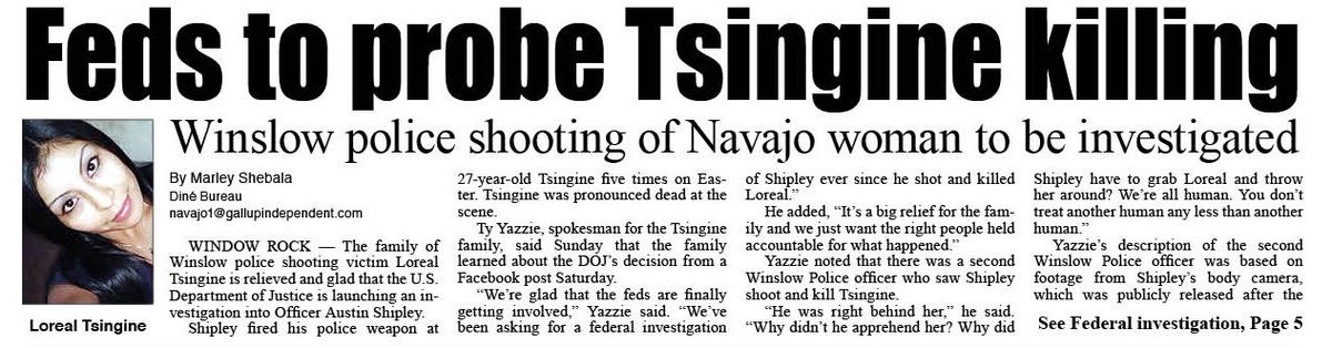 Feds to probe Tsingine killing: Winslow police shooting of Navajo woman to be investigated. goo.gl/ilQk5M