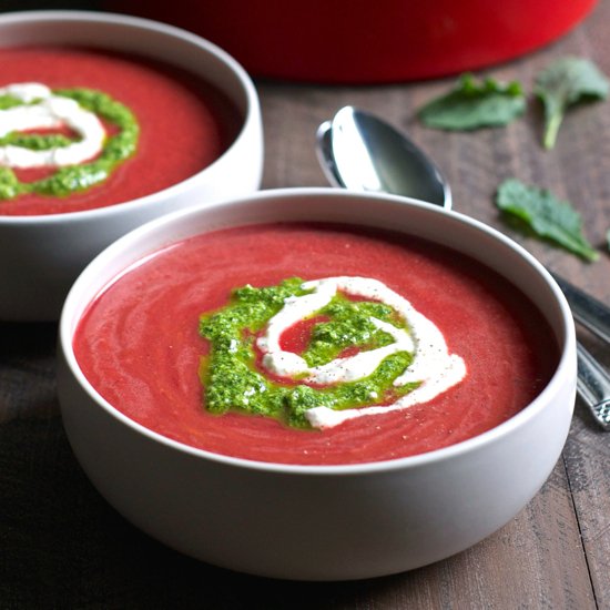 Chilled tomato-beet soup w/ pesto bit.ly/2aDf6rn #sponsored #goodcleansummerlove #MeatlessMonday @lovebeets