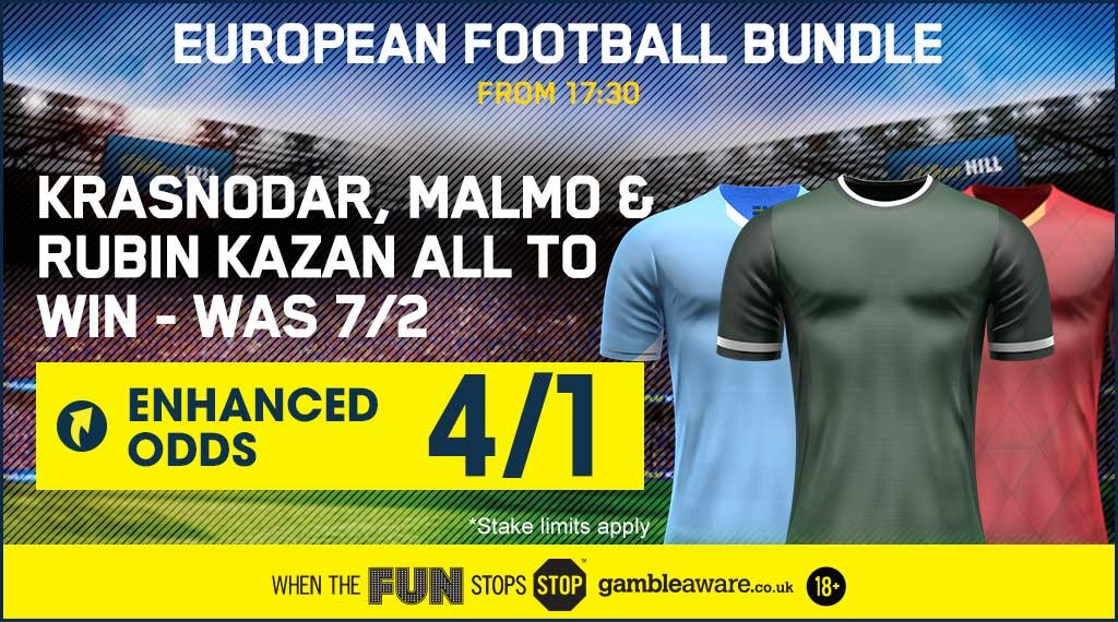 WilliamHill's tweet photo. We've got a European enhanced bet bundle on tonight's games. Now 4/1. #WHOffers https://t.co/iPikVPU6Cv