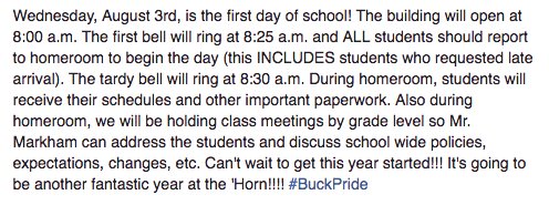 Buckhorn_High's tweet photo. ALL students should report to homeroom at 8:25 a.m. on Wednesday, August 3rd (even if you requested late arrival). https://t.co/p0NW3jx5Ci