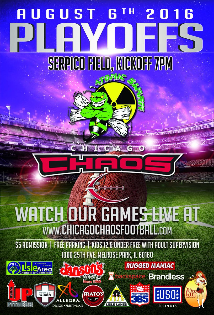 ChicagoChaos1's tweet photo. PLAYOFFS this Saturday at #SerpicoField as we face off against @AtomicSwarm kickoff 7pm CST #Football #ChicagoChaos https://t.co/DbNpmBhMoR