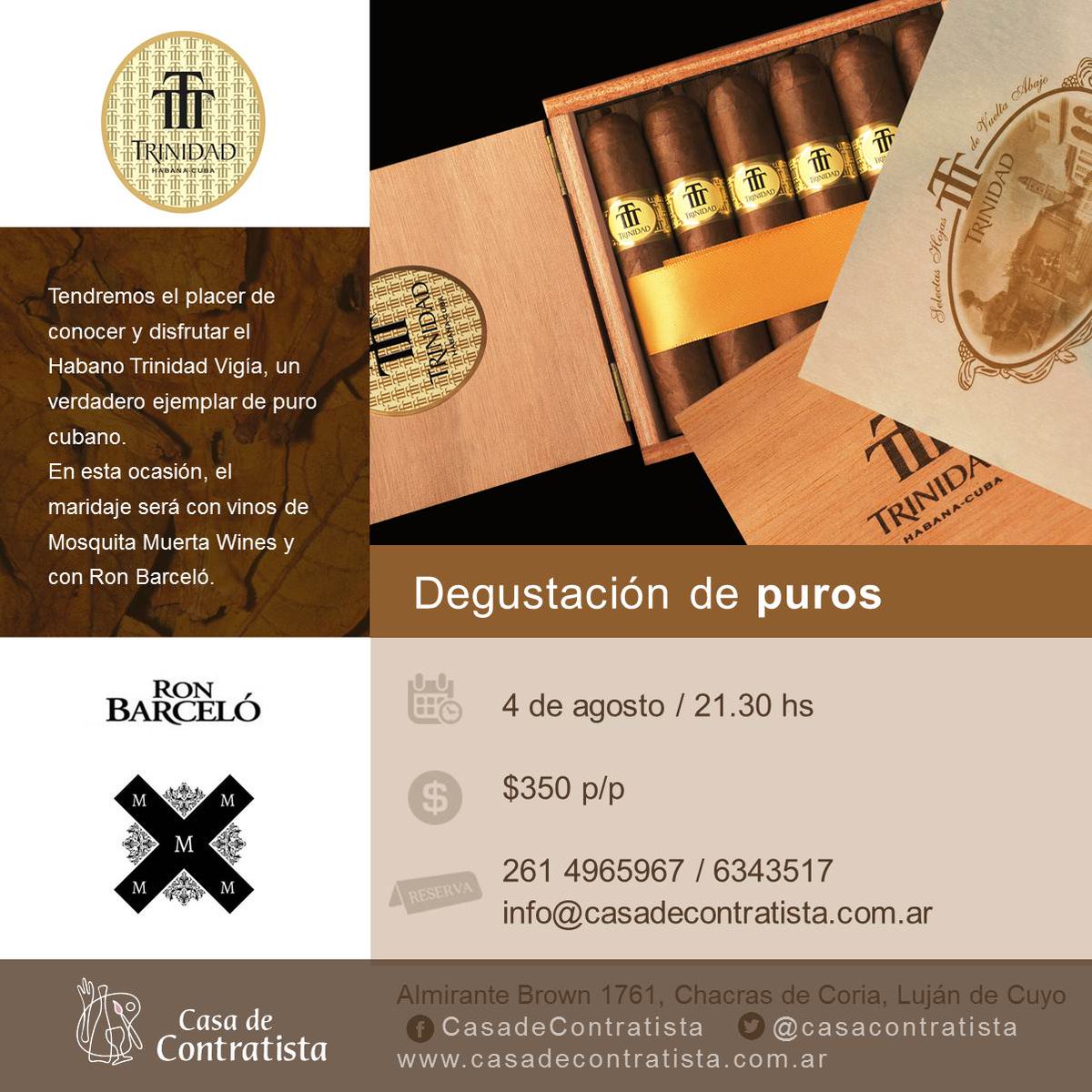 Este jueves en <a href="/CasaContratista/">Casa de Contratista</a>  #degustacionPuros con <a href="/MMwines/">Mosquita Muerta</a> y <a href="/RonBarceloArg/">Ron Barcelo Arg</a>