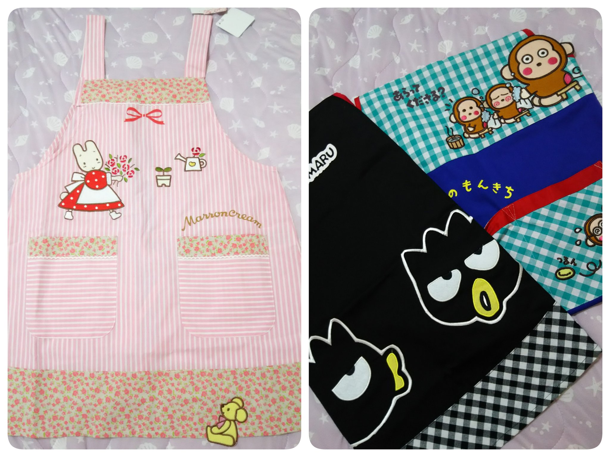テンさん そしてしまむらでばつ丸ともんきち マロンクリームのエプロンが可愛かったから勢いで買ってしまった 何かサンリオキャラ いっぱいあってショウバイロック プラズマジカ とシンガンクリムゾンズ のエプロンまで売ってた 笑 T Co