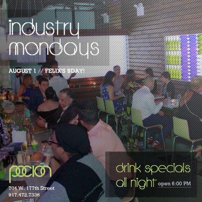 TONIGHT! #IndustryNight at <a href="/pocionlounge/">Pocion Lounge</a> - #WashingtonHeights' only Vegan Bar &amp; Lounge. Join us. Doors open at 6pm!