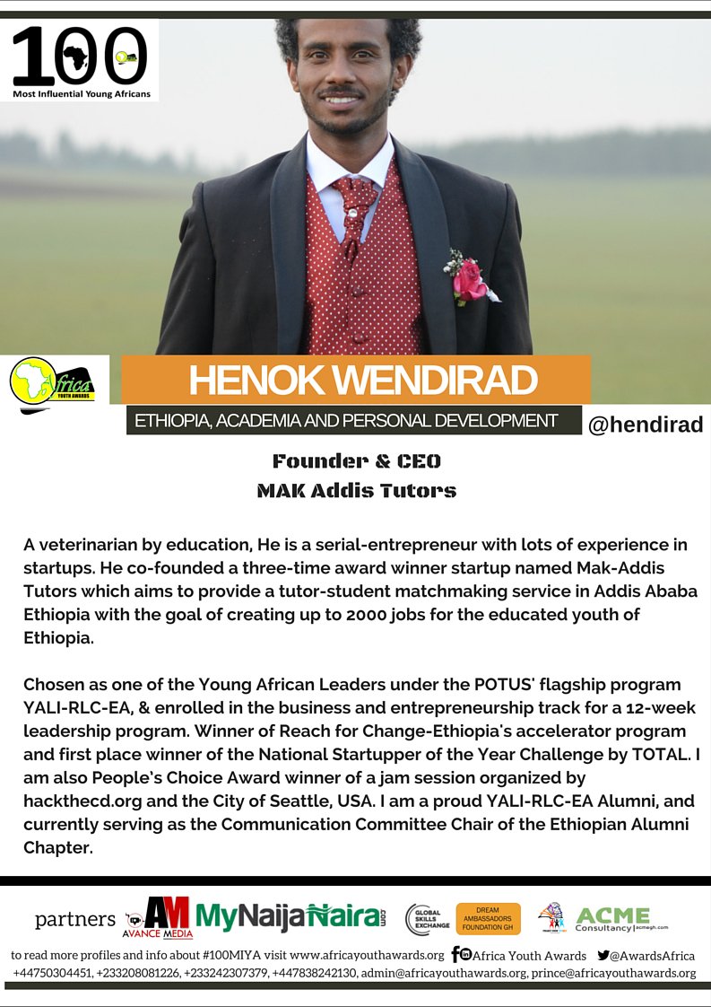 AwardsAfrica's tweet photo. Congrats Henok for making it on to our inaugural list of 100 Most Influential Young Africans #MIYA100 @hendirad https://t.co/6lWIMQjrfF