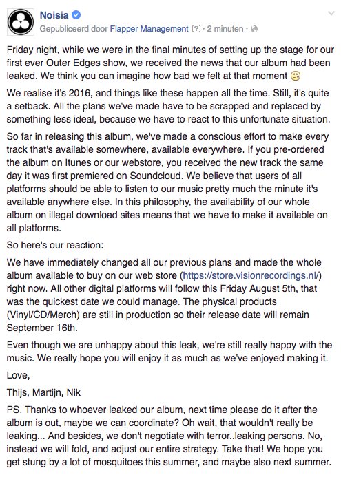Noisia_nl's tweet image. Our album is out now on our webstore, six weeks early :( Here's what we have to say. facebook.com/noisia/posts/1…