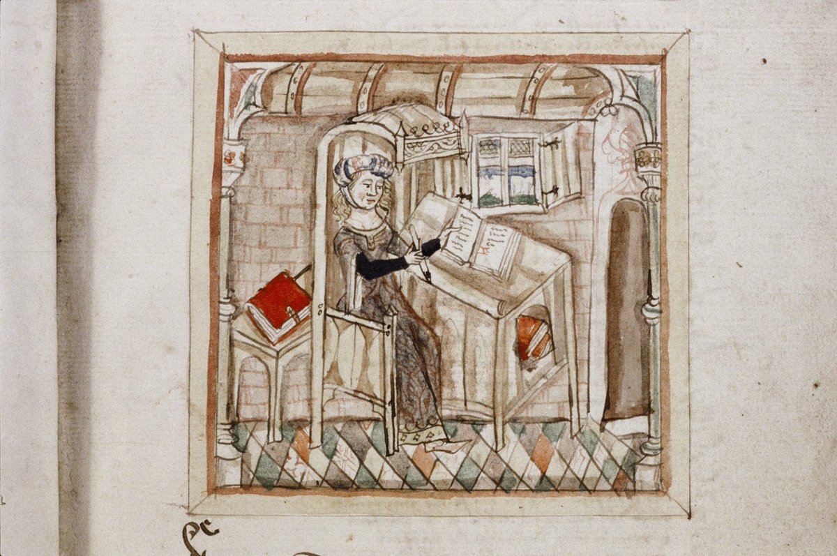 SarahLaseke's tweet image. A female author at work (MS. Bodl. 421, f.1r)