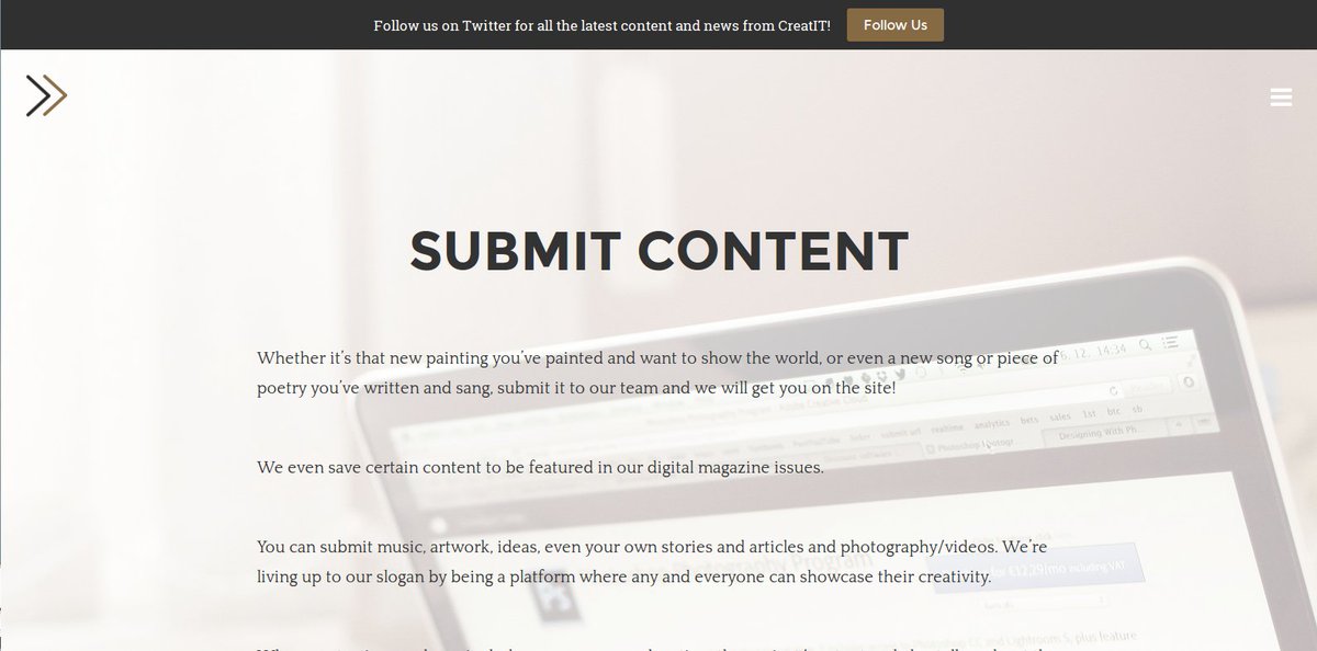 CreatitSpace's tweet image. First up: @CreatITMag

CreatITMag.com

Check out CreatIT Magazine.

First issue release Fall 2016.