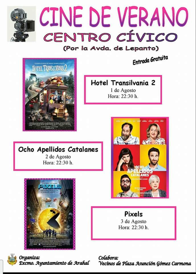 Ciclo de cine de verano en el Centro Cívico de Arahal, los días 1, 2 y 3 de agosto, a las 22:30h. Entrada gratuita