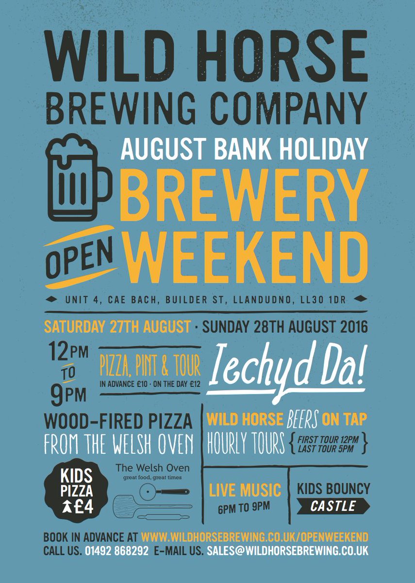 wildhorsebeer's tweet photo. Aug bank hol Sat+Sun 12-9 with @TheWelshOven. Prebook pizza, pint + tour for £10. https://t.co/sF55V9uzLD #llandudno https://t.co/GDuHUNOjdU