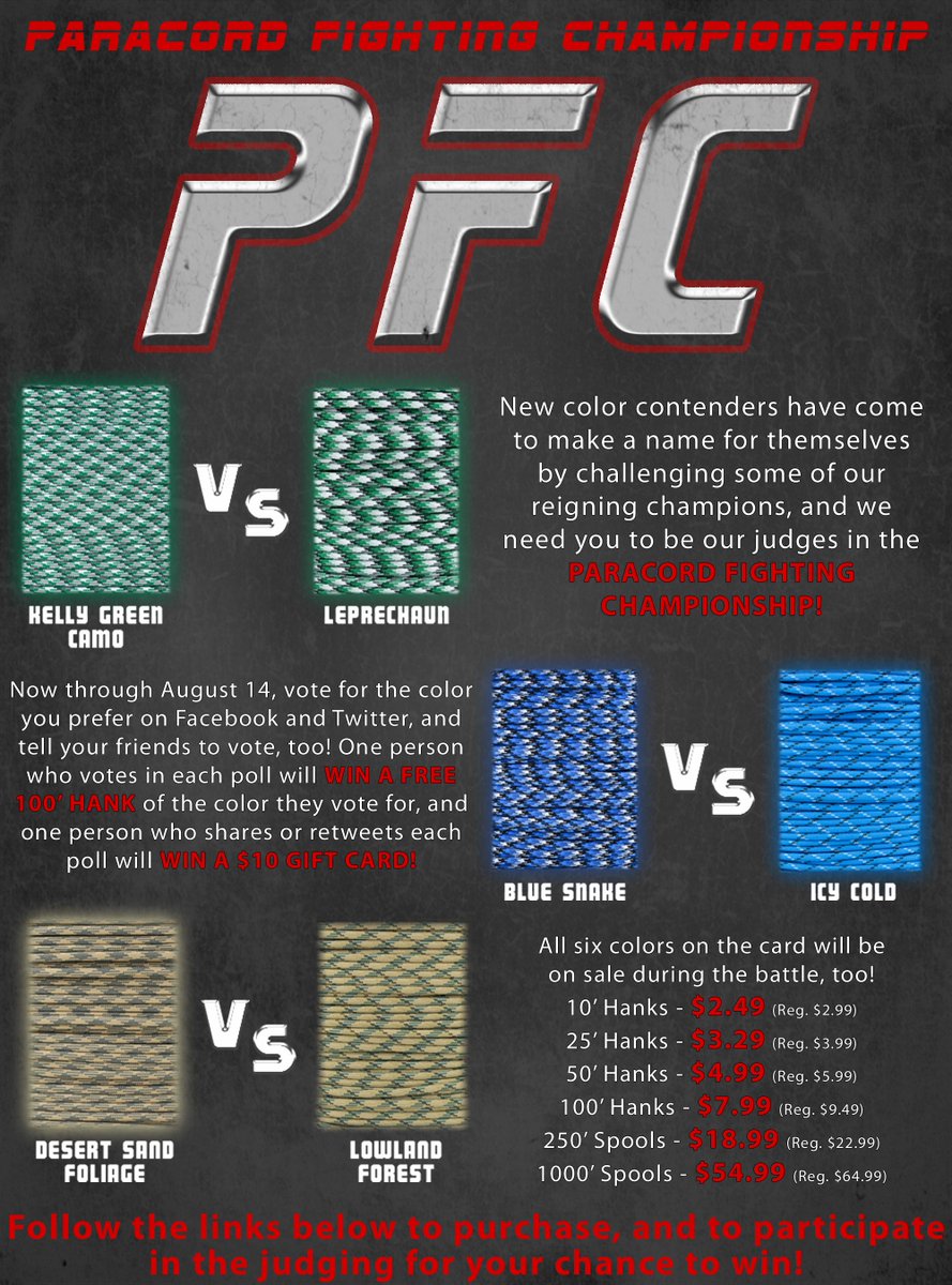 ParacordPlanet's tweet image. #Paracord Color Challenge! Vote for your favorite colors and retweet for a chance to win! Challenge goes until 8-14