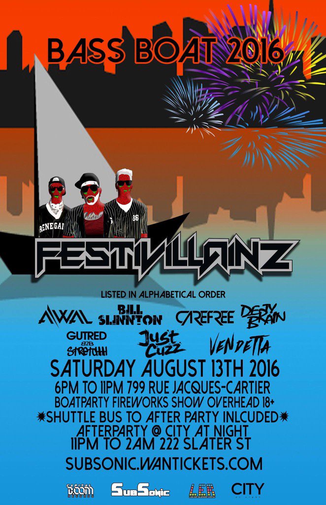 SubSonicOtt's tweet photo. August 13,2016 #BassBoat2016 featuring @Festivillainz @BillSlinnton + More! #SubSonic #OttawaBass https://t.co/zjgxY0POI0