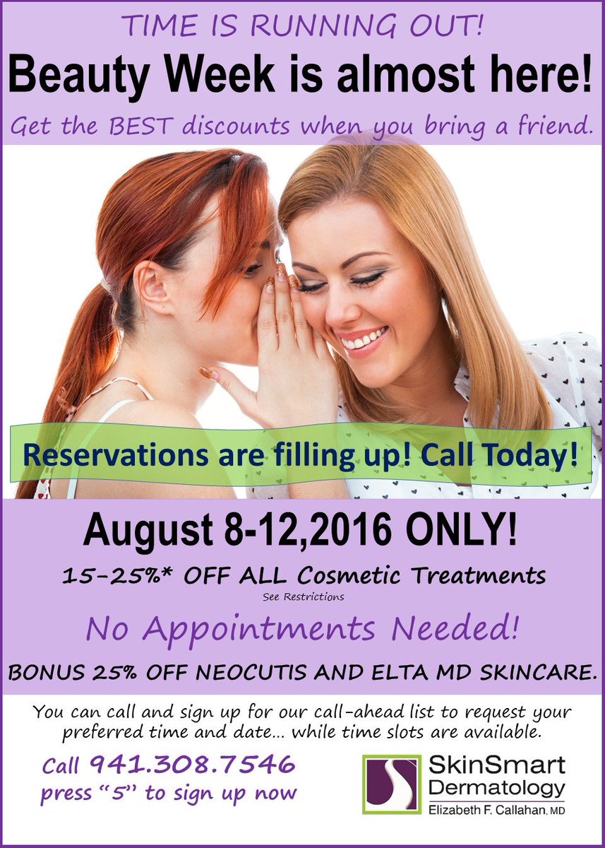 SkinSmart's tweet photo. Beauty Week is asmost here. SPOTS ARE FILLING UP! Call today to reserve your preferred time. #Sarasota #Bradenton https://t.co/G2pMCljQkA