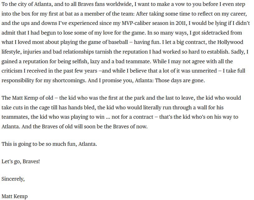 Making sure EVERYONE read this part of <a href="/TheRealMattKemp/">Matt Kemp</a> 's article <a href="/PlayersTribune/">The Players’ Tribune</a> not just Braves Fans. #Humble
