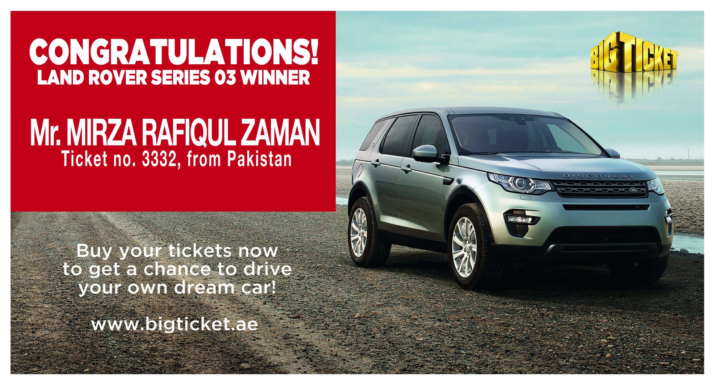 Big Ticket Abu Dhabi Twitter पर Congrats Mr Mirza Rafiqul Zaman Ticket 3332 From Pakistan For Winning Land Rover Series 03 T Co Nondnc56fi T Co Lpswelhd3t Twitter