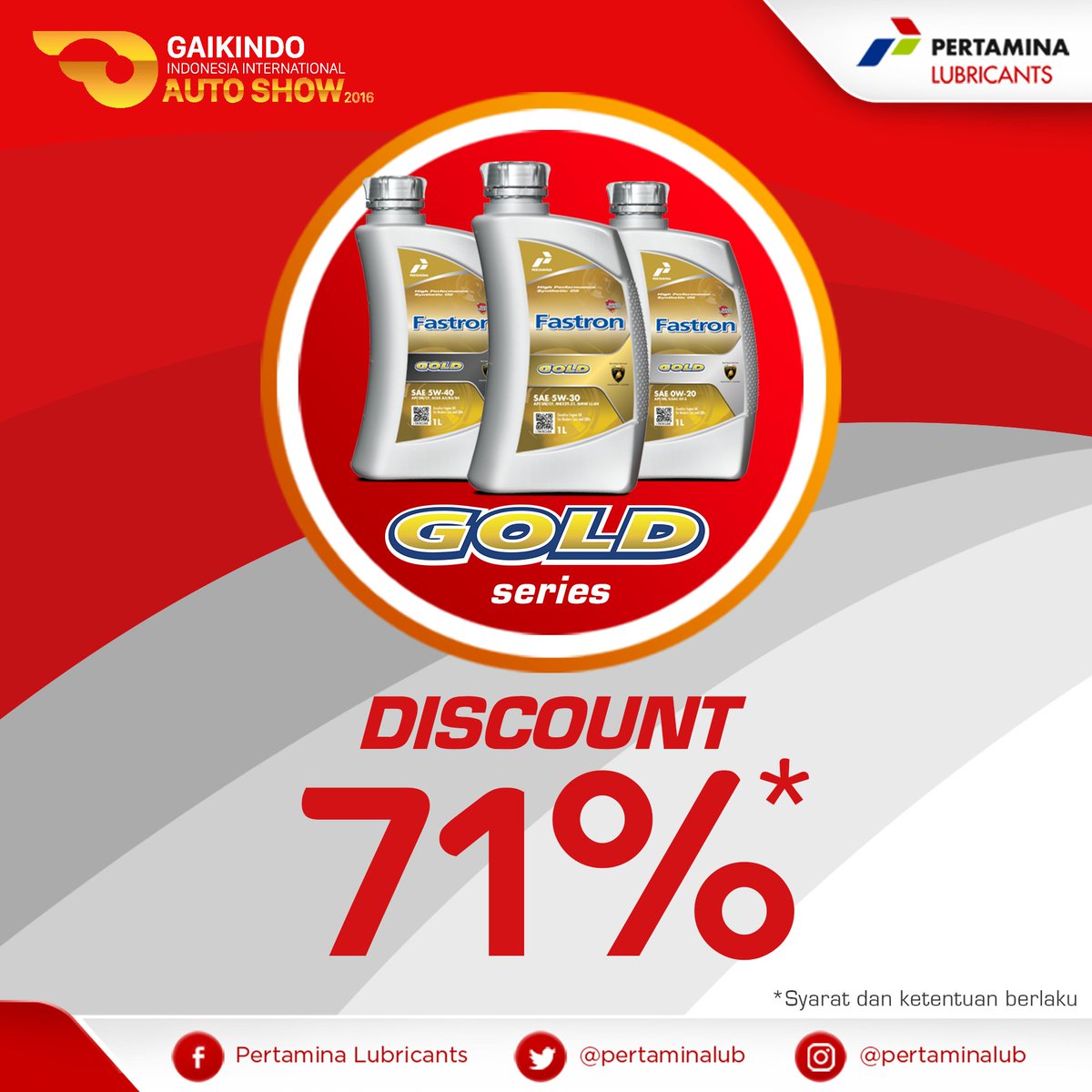 Pertaminalub's tweet photo. Yuk ke @GIIAS_ID & dptkn diskon sebesar 71% utk Fastron Gold & Fastron Platinum utk 213 orang prtma! #PTPLonGIIAS https://t.co/2AyqJHigRB