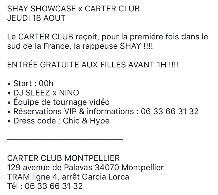 JolieGarceGang's tweet photo. #BOOKING: #Montpellier! Shay assurera un showcase au @CarterClubMTP ce Jeudi 18 Août!!! 
info/Resa: 0633663132
#PMW https://t.co/T8QJbHYfeU