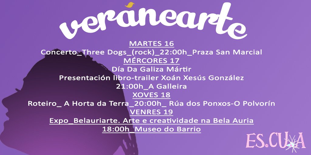 Tes toda a semana cumprida de programación do #veránEarte para saír da casa pola fresca. Comezamos hoxe con concerto